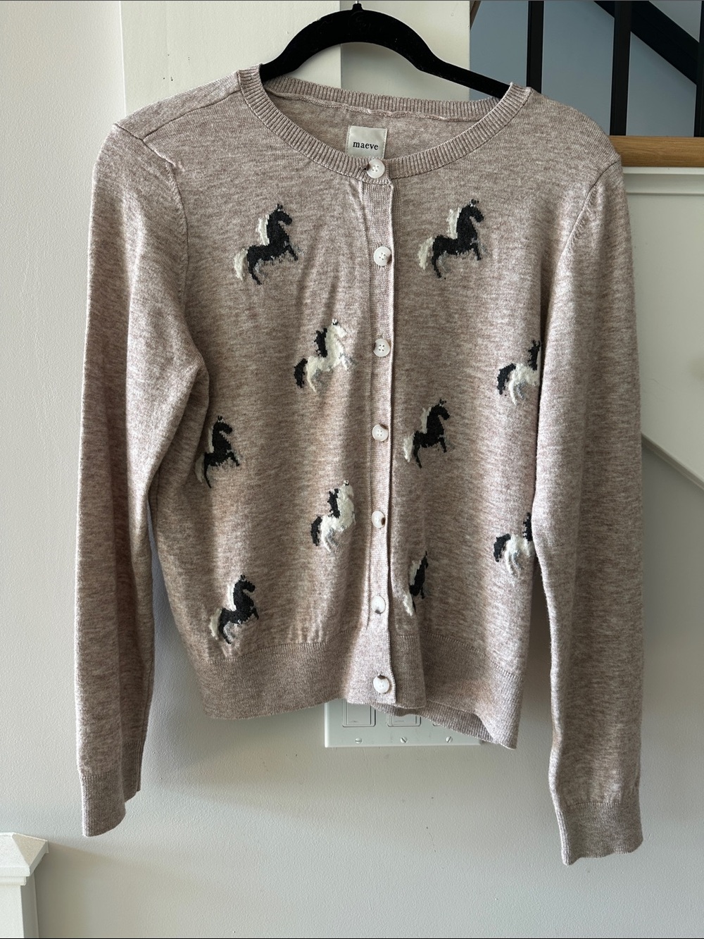 Maeve Taupe Horse-Embroidered Button Cardigan Large NWOT